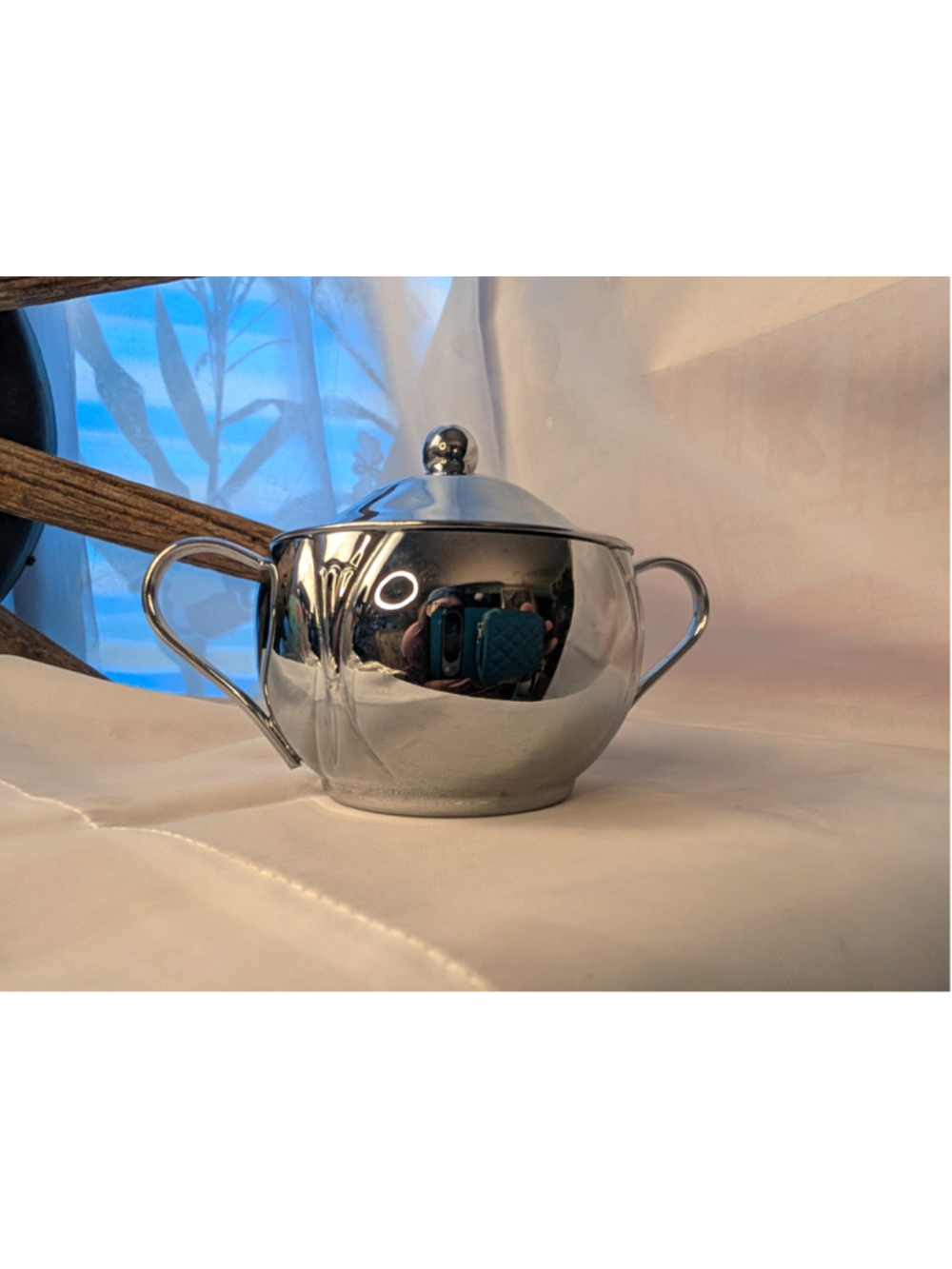 Vintage 1930s Art Deco Chrome Covered Sugar Bowl Frozen Fountain Fan Motif